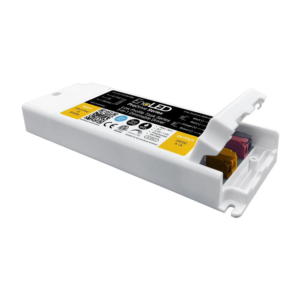 The 5-in-1 Dimmable LED Driver (24V) from the EnoLED ProDrive Series is a low-profile, white power supply with a black and yellow label, technical specs, certifications, and an open connector cover showing colored terminal blocks.