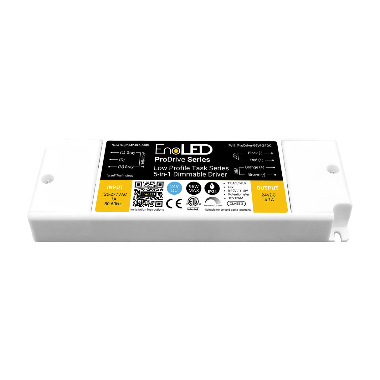 A rectangular, white 5-in-1 Dimmable LED Driver (24V) from the EnoLED ProDrive Series features connection terminals, labeled input/output specs, certification logos, model details, and a QR code on its low-profile universal input LED driver label.