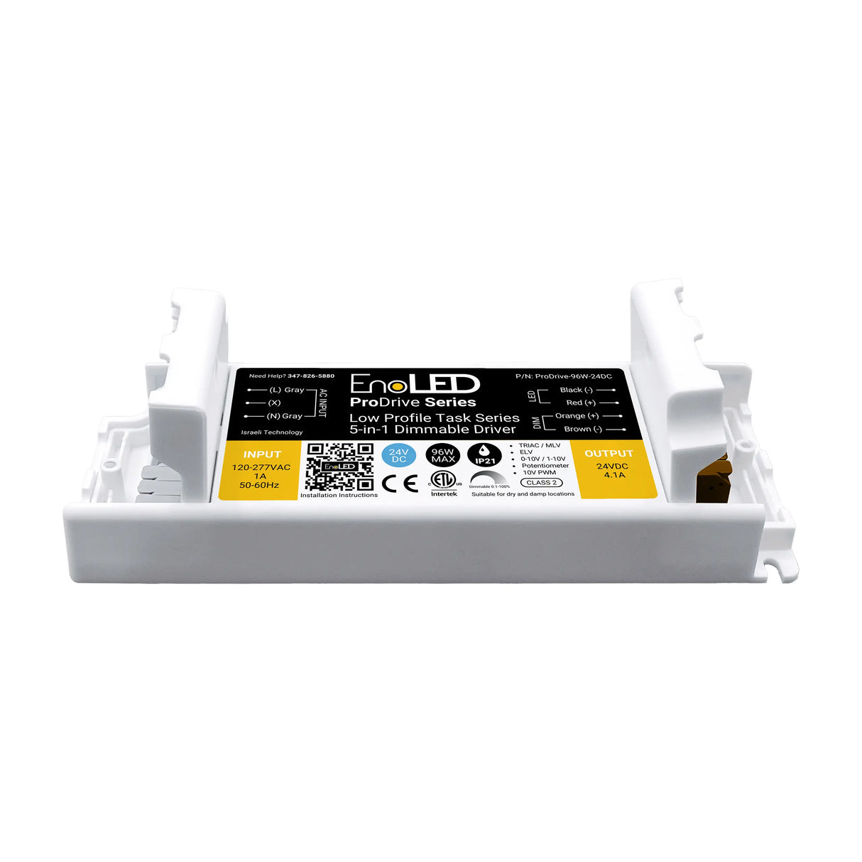A white 5-in-1 Dimmable LED Driver (24V) from the EnoLED ProDrive Series, low profile with universal input, features product labels, specifications, and QR codes on the top surface.