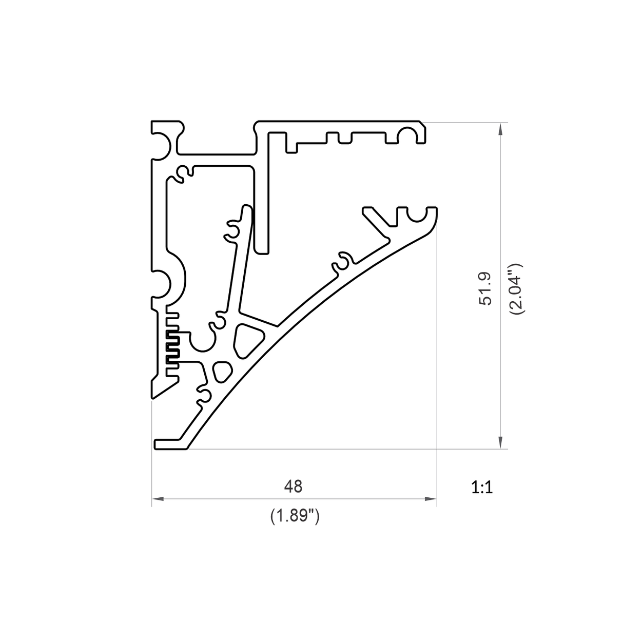 Black and white technical drawing of Shelf Bracket Edge-Lit LED Channel ~ Model Pula P10 cross-section, showing intricate internal/external aluminum shapes; 48 mm wide (1.89) x 51.9 mm high (2.04), depicted at 1:1 scale.