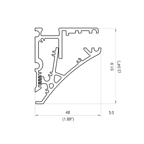 Black and white technical drawing of Shelf Bracket Edge-Lit LED Channel ~ Model Pula P10 cross-section, showing intricate internal/external aluminum shapes; 48 mm wide (1.89) x 51.9 mm high (2.04), depicted at 1:1 scale.