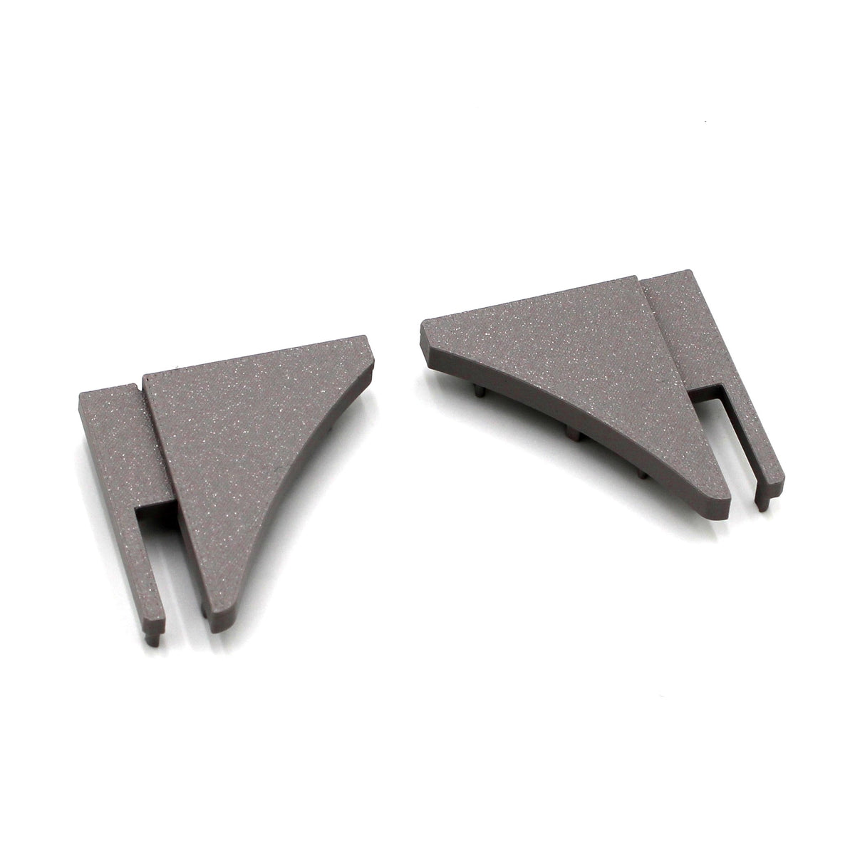 Two gray, triangular End Cap for Pula P10 Profile components made of PETG with textured surfaces, each featuring a slot and several small pegs underneath, are shown on a white background.