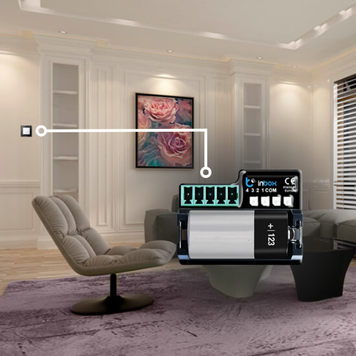 A modern living room with a gray chair and round tables. A close-up of the Push Button Dimmer Switch Wi-Fi Insert ~ inBox by BleBox is shown, with a line to a wall switch, illustrating smart device installation for seamless control.