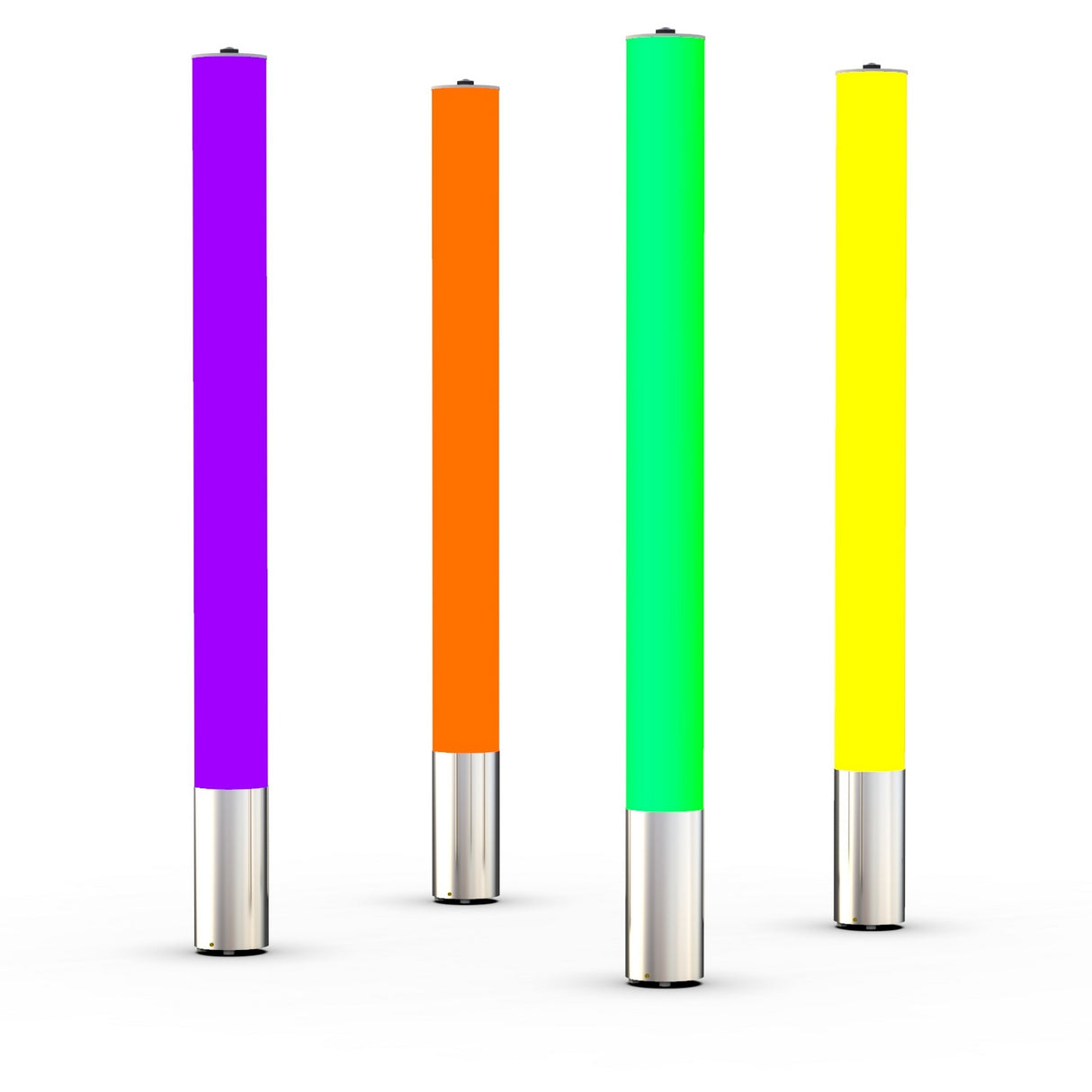 Four RGBW LED Pillar Tube Lights (Model Colorado) with metallic bases stand on a white background, glowing in purple, orange, green, and yellow from left to right—vividly enhancing any outdoor space.