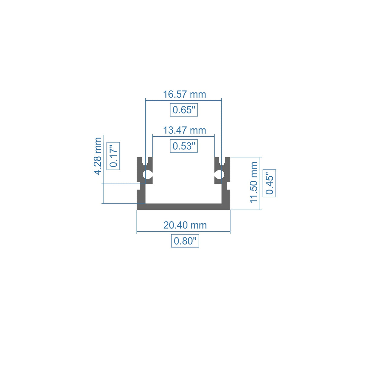 Technical drawing of the Waterproof LED Channel ~ Model Roma XL Easy On IP65 cross-section, labeled 20.40 mm wide and 11.50 mm tall (mm/inch), made from anodized aluminum and rated IP65 for enhanced protection.