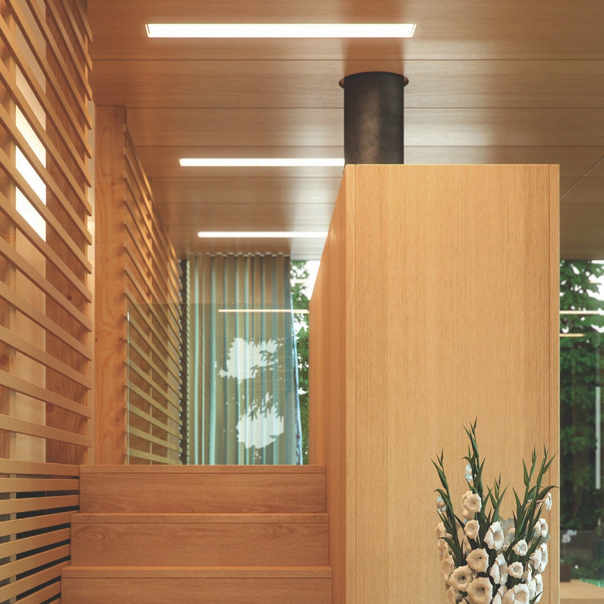 Modern wooden staircase with slatted wood walls, a tall partition with black metal pipe, and discreet Recessed 3-inch LED Light Strip Channel (Model RPLW80-FL). Large windows frame greenery and blooming white flowers outside.