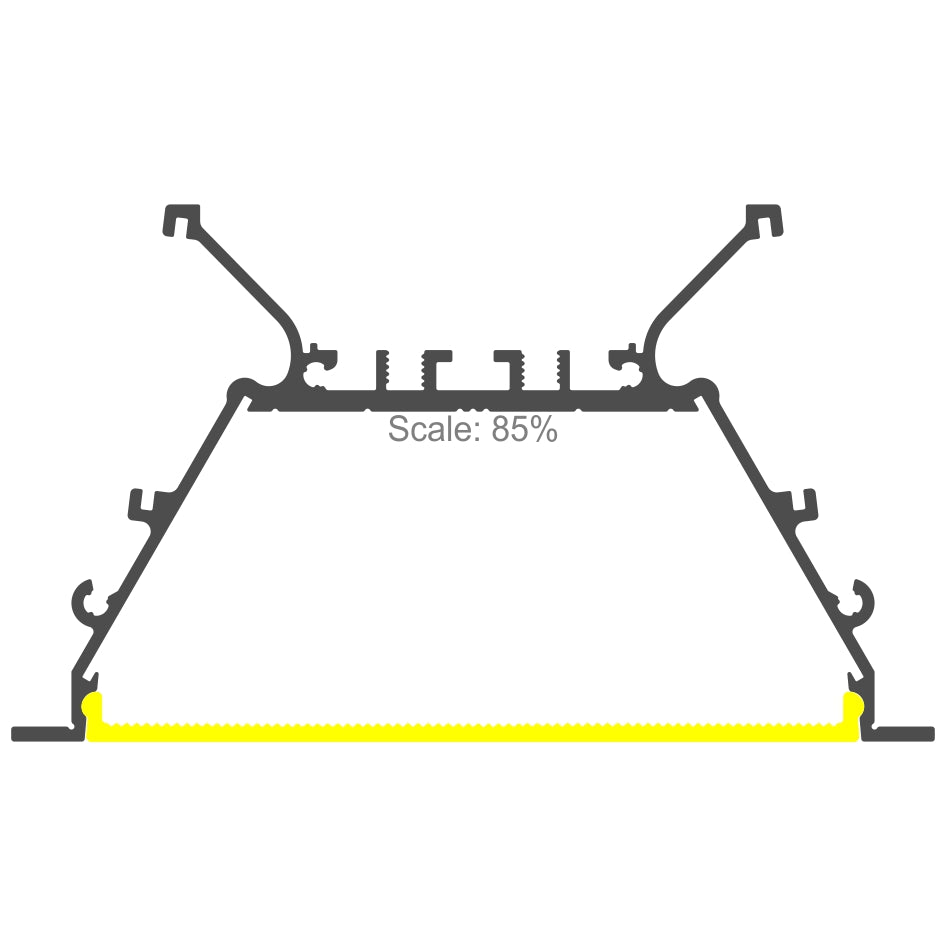 Black technical line drawing of the Recessed 3-inch LED Light Strip Channel (Model RPLW80-FL) aluminum profile cross-section, with a yellow highlighted bottom section and Scale: 85% text centered.