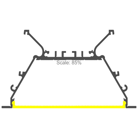 Black technical line drawing of the Recessed 3-inch LED Light Strip Channel (Model RPLW80-FL) aluminum profile cross-section, with a yellow highlighted bottom section and Scale: 85% text centered.