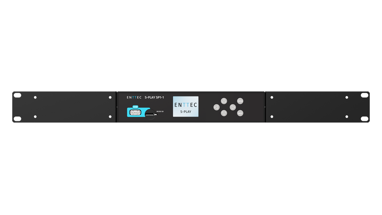 Black 1U rack-mountable Professional 32-Universe DMX Show Controller labeled “Enttec S-Play SP1-1,” with display screen, round buttons, and input/output ports—perfect as an advanced show recorder or smart light show controller.
