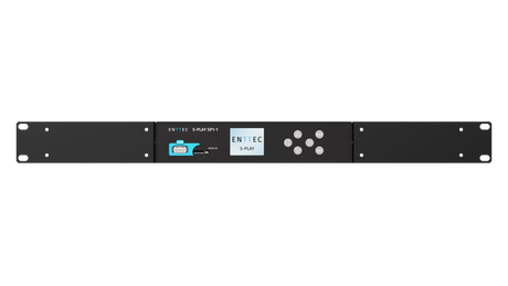 Black 1U rack-mountable Professional 32-Universe DMX Show Controller labeled “Enttec S-Play SP1-1,” with display screen, round buttons, and input/output ports—perfect as an advanced show recorder or smart light show controller.