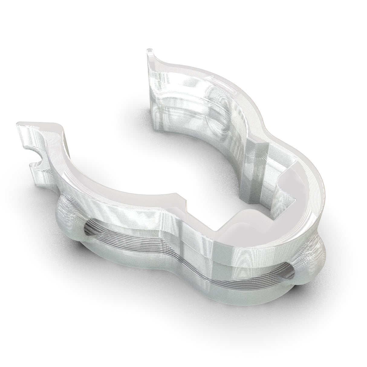 A 3D-rendered, metallic T-Mount Clip for Redondo XL with a curved, hollow center resembling a stylized bracket for T-Section Aluminum Bars, displayed on a white background.