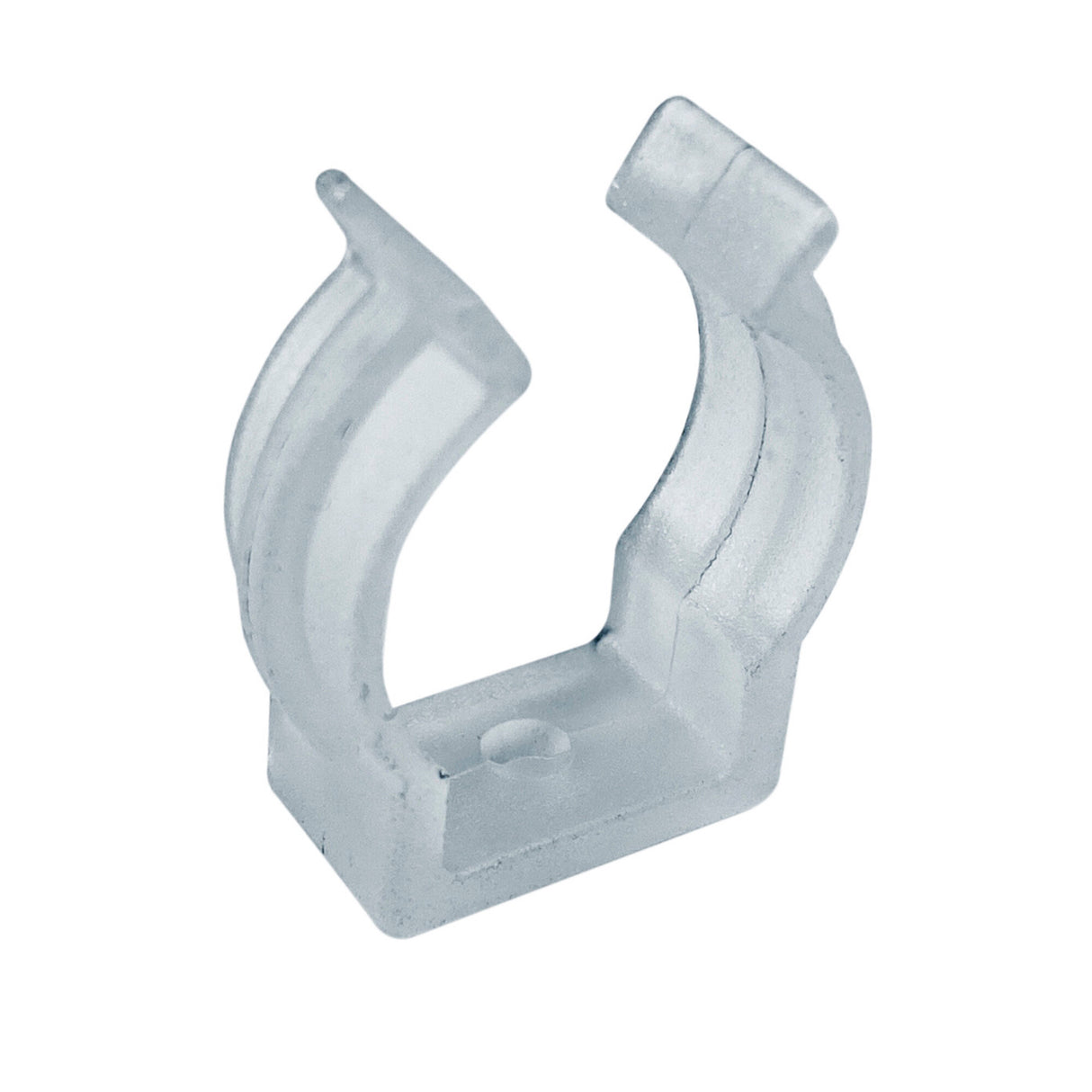 Mounting Clip for Neon Redondo XL: Clear plastic U-shaped clip with a base mounting hole, designed to securely hold Neon Redondo XL or similar cylindrical objects in place.