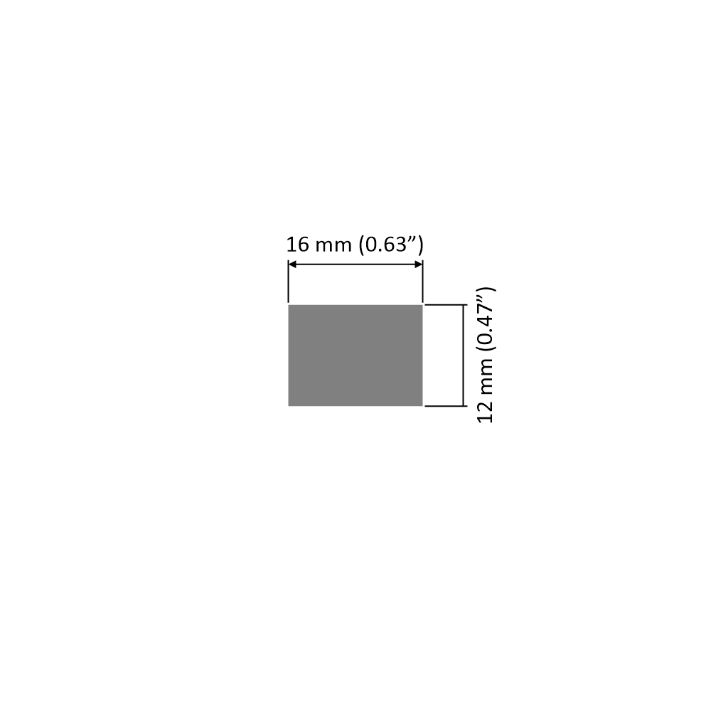A gray rectangle represents the White Universal Surface-mount Waterproof Outdoor LED Lighting Fixture (24V) ~ Roma Series, dimensions 16 mm (0.63") wide (label above) and 12 mm (0.47") tall (label right), ideal for outdoor surface-mount use.