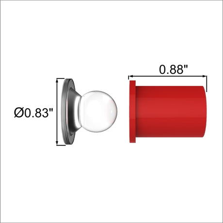 A diagram displays Snapfix Hidden Clip-In Acrylic Standoffs For Signs ~ Large: a round metallic part with a clear dome (Ø0.83) for mounting acrylic signs, shown beside a red cap (length 0.88), both viewed from the side.