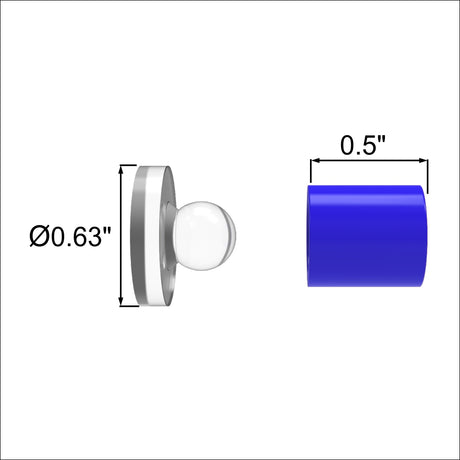 3D rendering of two cylindrical Snapfix Hidden Clip-In Acrylic Standoffs For Signs ~ Medium; the left silver standoff with a white sphere (0.63 diameter), and the right blue standoff (0.5 length), displayed side by side.