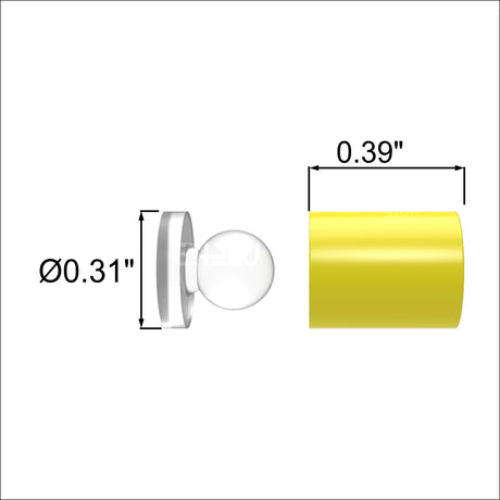 Diagram displaying a 0.31-inch round object beside the 0.39-inch opening of a yellow cylinder, measurements labeled side view—perfect for Snapfix Hidden Clip-In Acrylic Standoffs For Signs ~ Small.