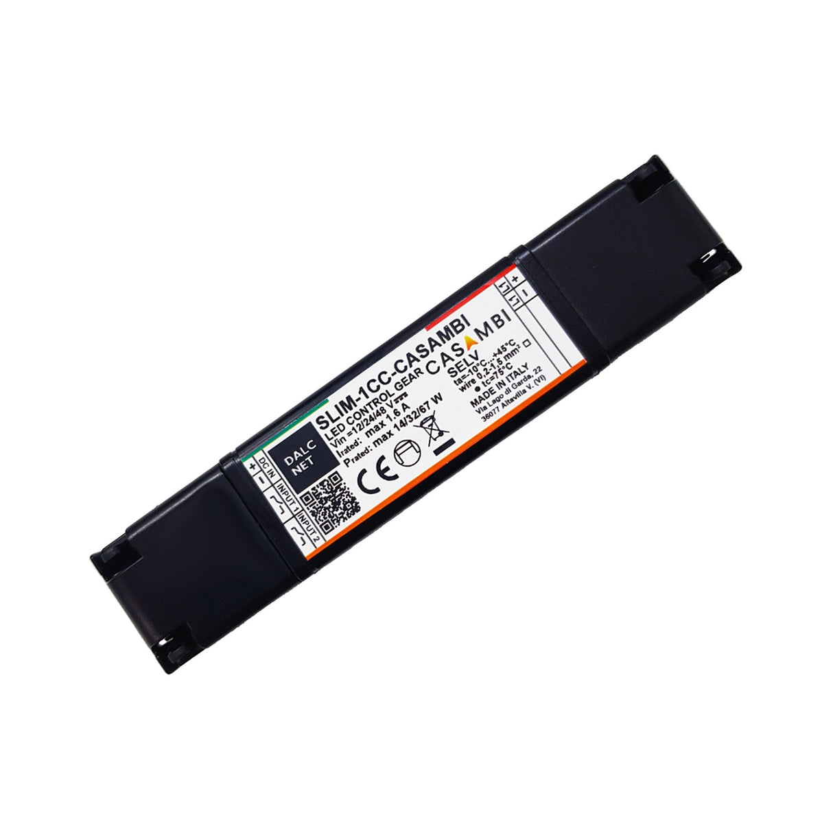 The Slimline 1-Channel Constant Current LED Dimmer with Casambi (Model SLIM-1CC-CASAMBI) is a slim, black LED controller featuring a white label with specs, certification symbols, and barcode—ideal for smart lighting control.