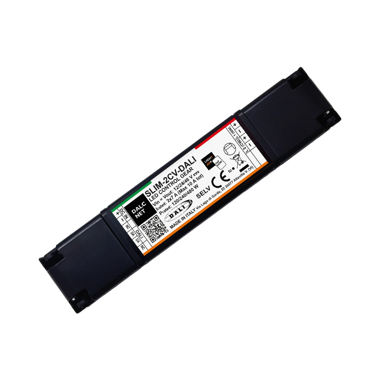 A black rectangular Slimline 2-Channel Tunable-White LED Dimmer with DALI (Model SLIM-2CV-DALI) serves as a DALI LED dimmer, featuring technical details, certification marks, and input/output terminals on its white center label.