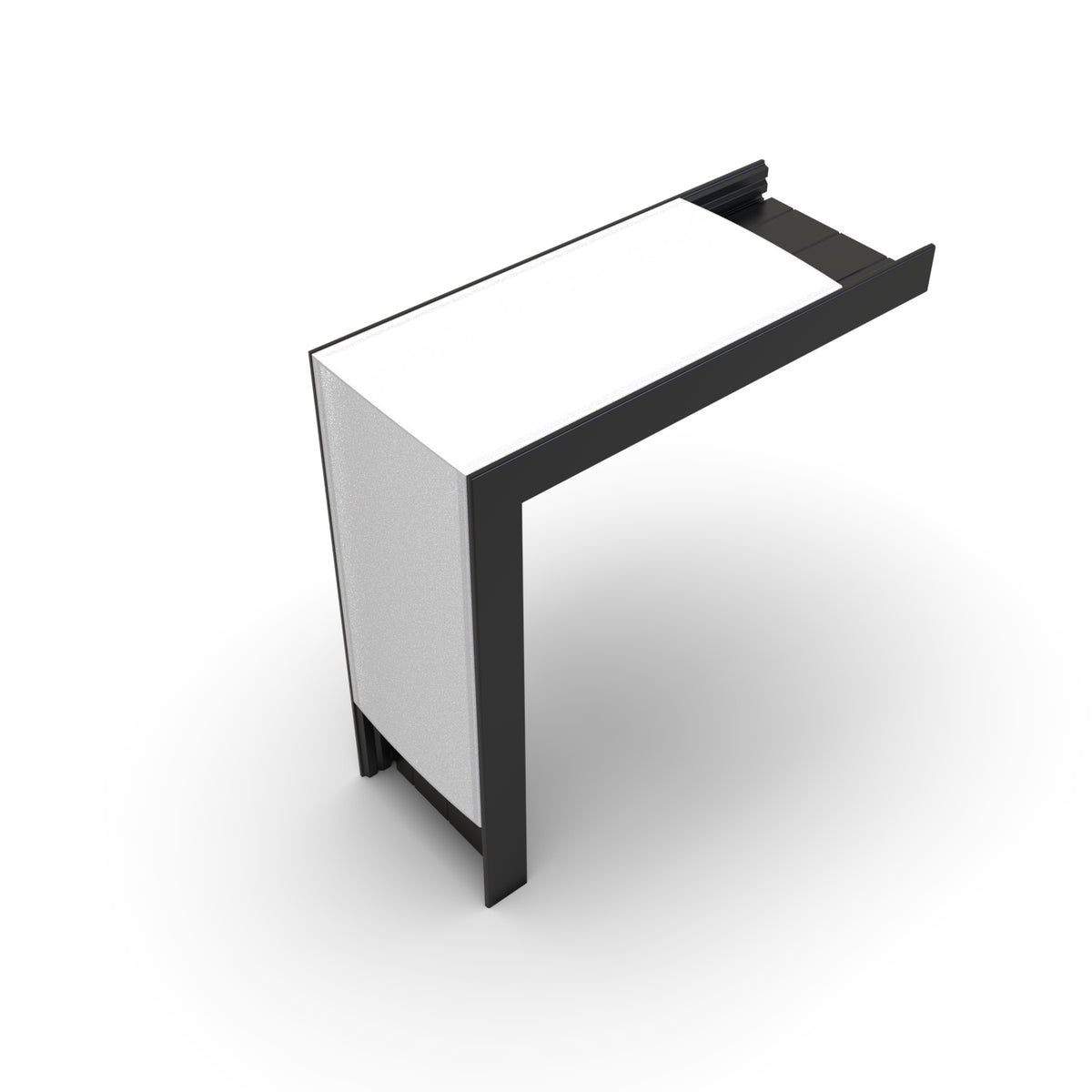 A modern connector for the SLW10 profile, designed with sleek right angles to fit 90-degree corners, is shown in black with a white tabletop and side panel, echoing the contemporary lines of an L-shaped desk against a white background.