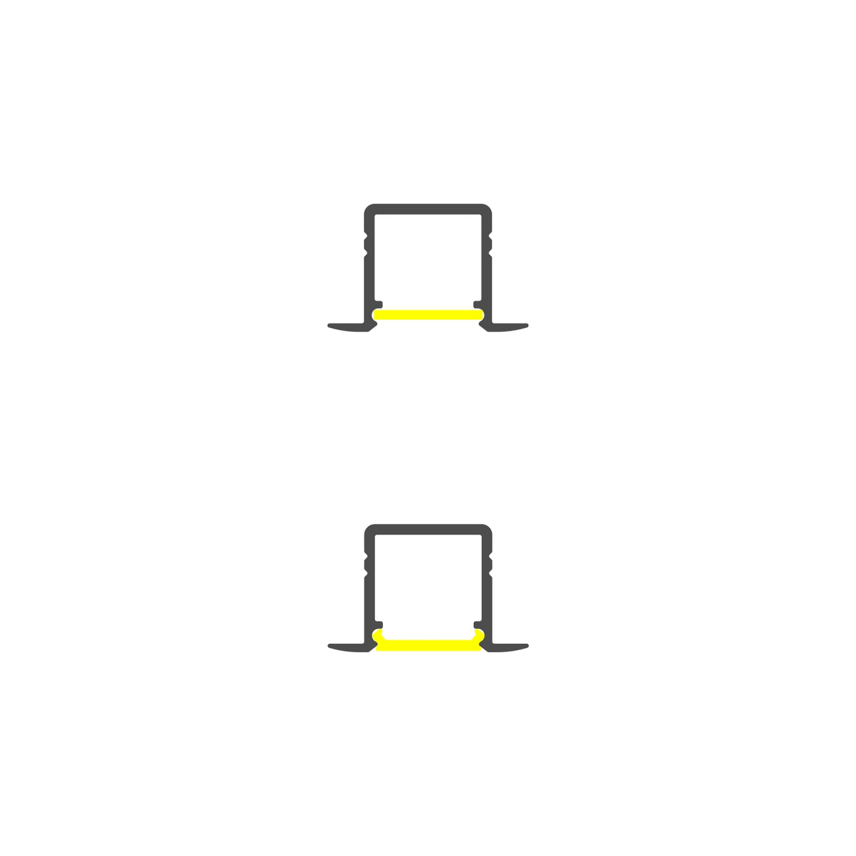 Two minimalist black outlines of open laptops, stacked vertically, are drawn in a continuous line style with yellow lines highlighting the touchpad area. The background is plain white. Product shown: 0.39 Recessed LED Channel ~ Model Smart-In10.