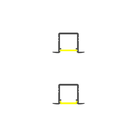 Two minimalist black outlines of open laptops, stacked vertically, are drawn in a continuous line style with yellow lines highlighting the touchpad area. The background is plain white. Product shown: 0.39 Recessed LED Channel ~ Model Smart-In10.