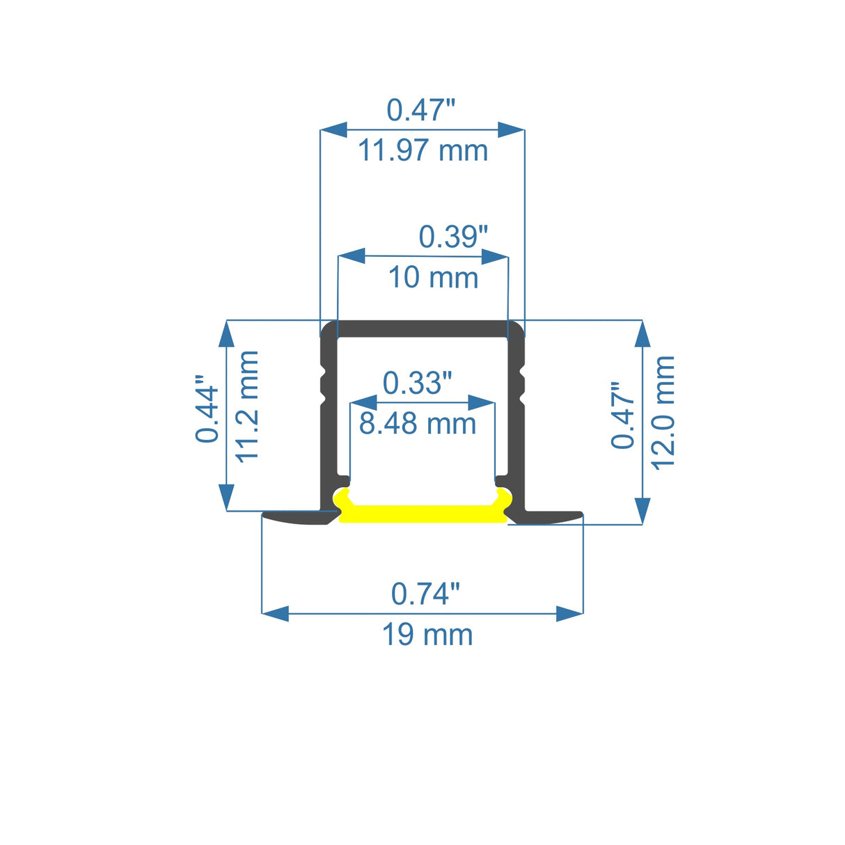 Technical diagram displaying a cross-section of the 0.39 Recessed LED Channel (Model Smart-In10) for LED strip lights, with dimensions: 0.74 (19 mm) width, 0.47 (12 mm) height, inner height 0.44 (11.2 mm), internal widths 0.39/0.33.