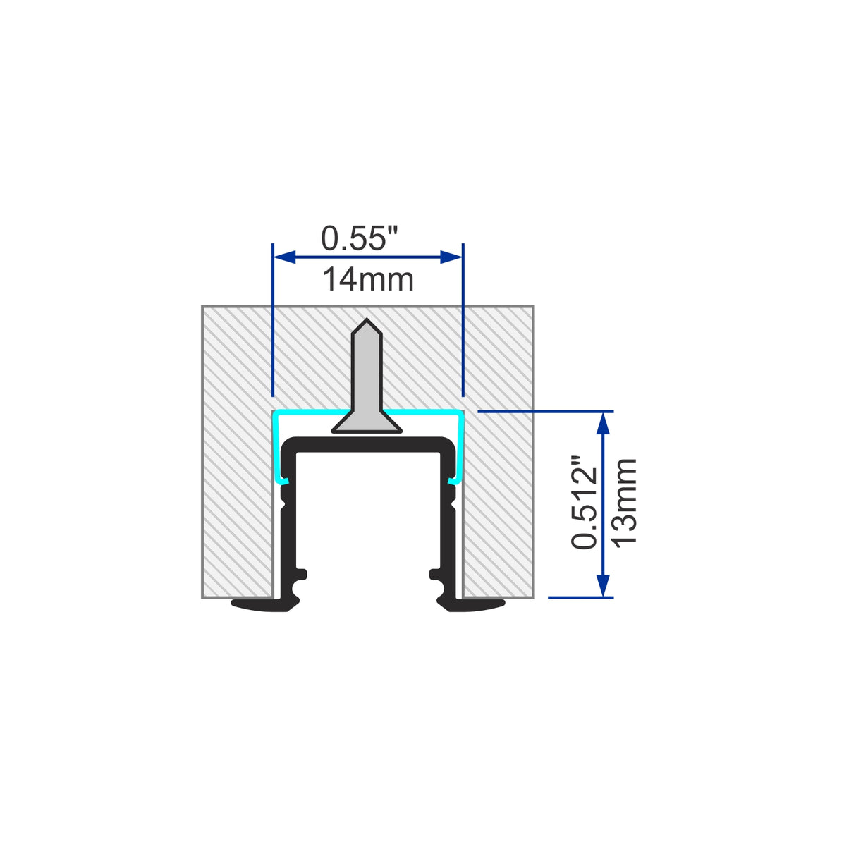 Cross-sectional diagram of a mounting clip in a groove for the 0.39 Recessed LED Channel (Model Smart-In10), showing labeled dimensions: 0.55 (14mm) wide x 0.512 (13mm) high; enables dot-free continuous line with LED strip lights.