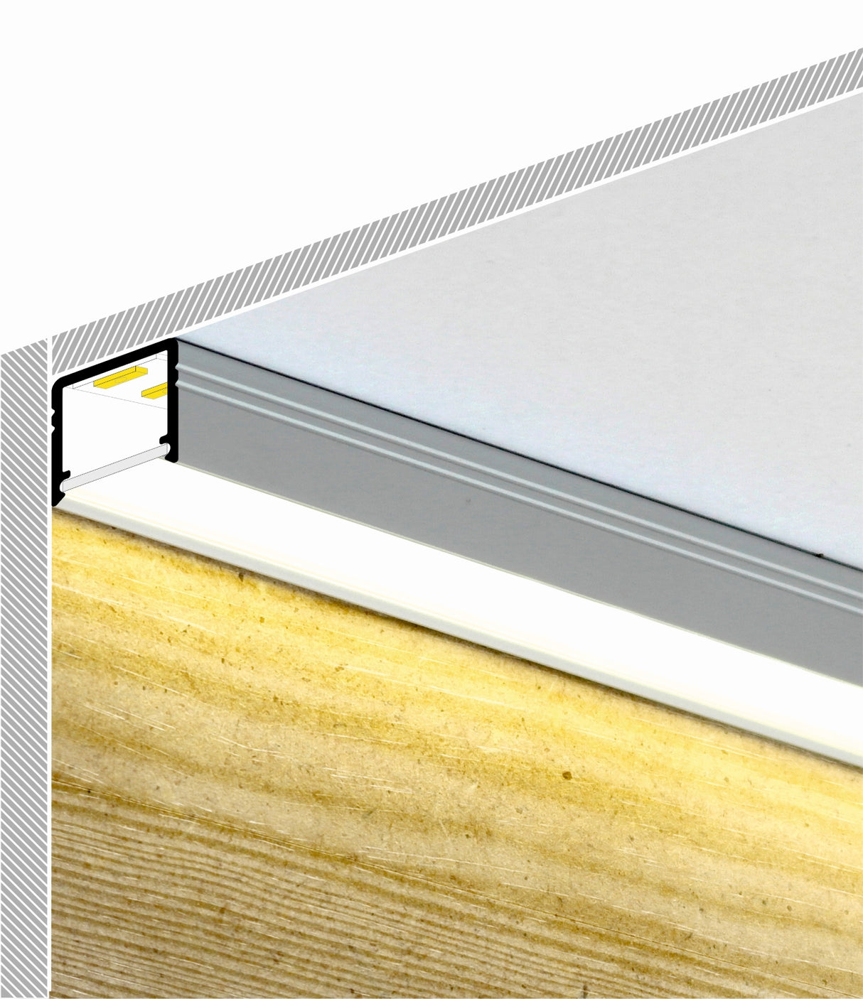 A cross-section rendering shows the Miniature Surface Mount LED Channel ~ Model Smart10 installed in wood with an aluminum profile and diffuser, emitting light parallel to the ceiling for modern interior lighting.