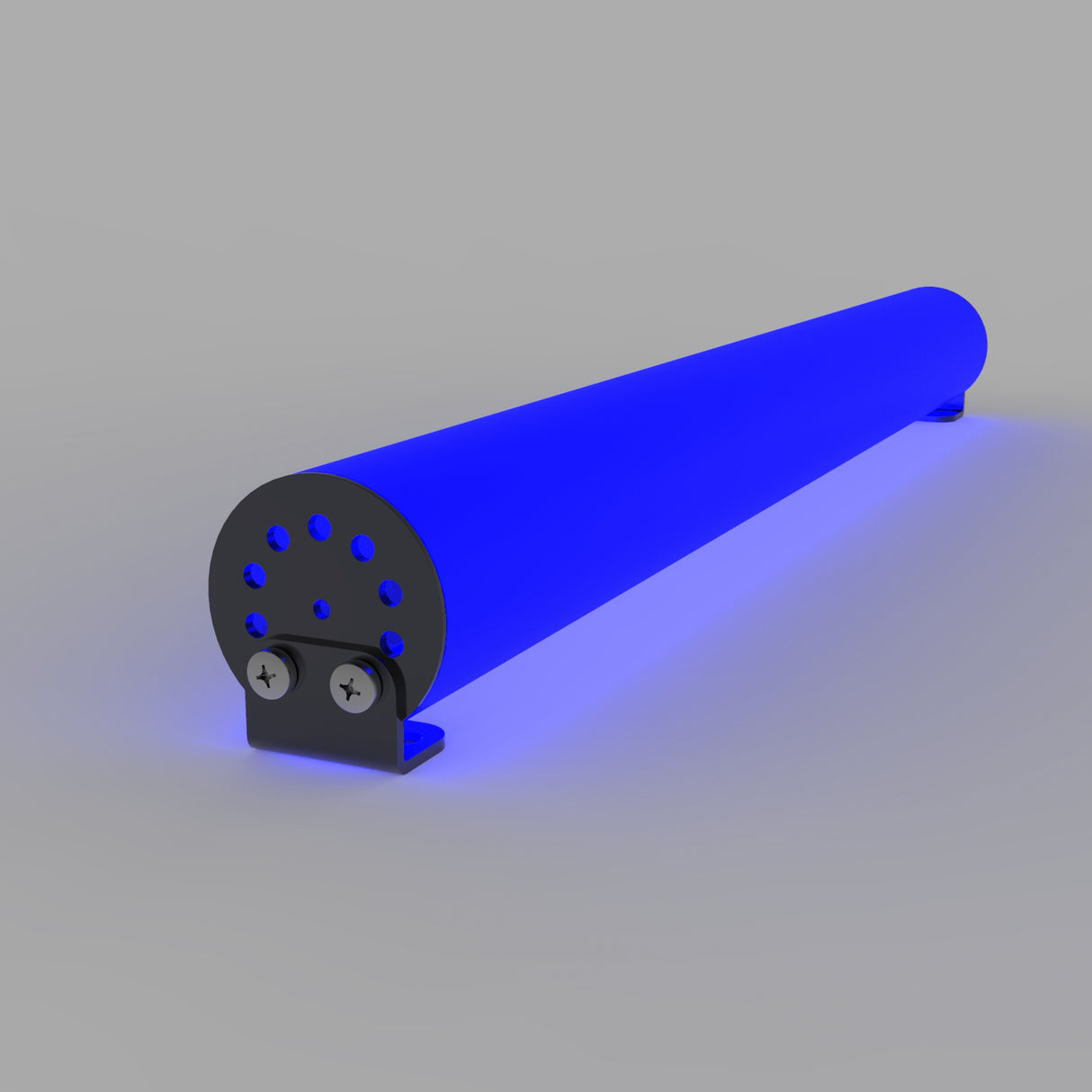 The 2.56 Round Acrylic LED Lighting Tube ~ Model Smokies65 is a cylindrical blue diffuser with a black metal mounting bracket and visible screws on its end cap, made of PMMA for superior light diffusion, shown on a plain gray surface.