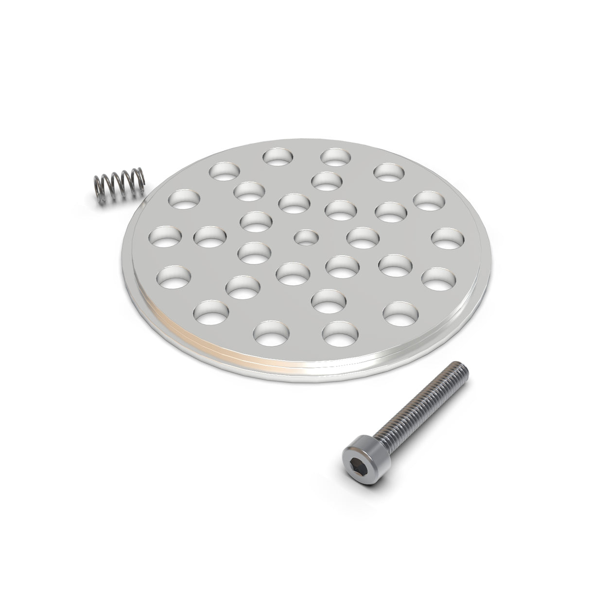 An Aluminum End Cap for Smokies70 Profile for Hexagon Heatsink, featuring multiple holes, a metal spring, and a screw, is shown on a white background—ideal for LED Lighting Tube or Smokies70 Profile installations.