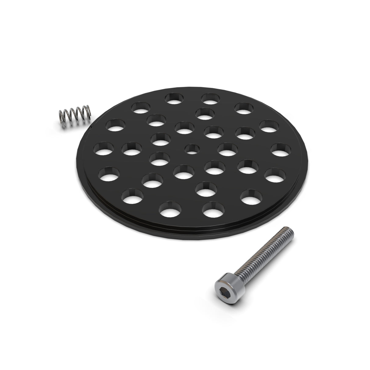 A black circular Aluminum End Cap for Smokies70 Profile for Hexagon Heatsink, featuring evenly spaced holes, comes with a spring and silver screw. Perfect for LED tube or hexagon heatsink installations. Set on a white background.