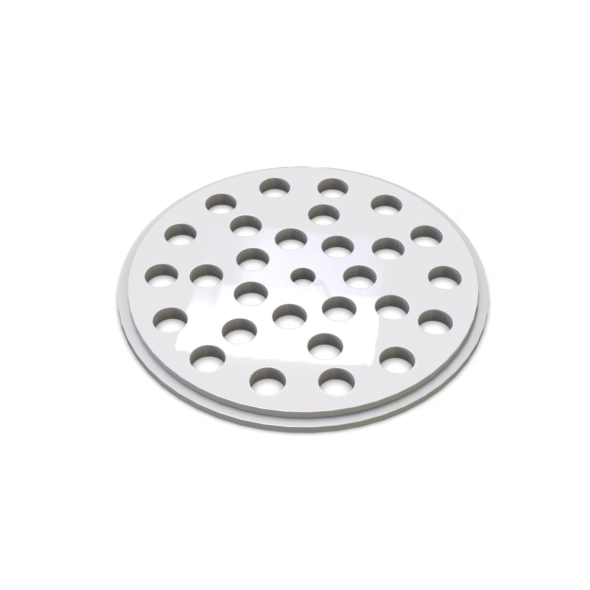 A round, flat, white plastic disc with multiple evenly spaced holes on its surface, photographed on a white background—suitable as an Aluminum End Cap for Smokies70 Profile for Hexagon Heatsink.