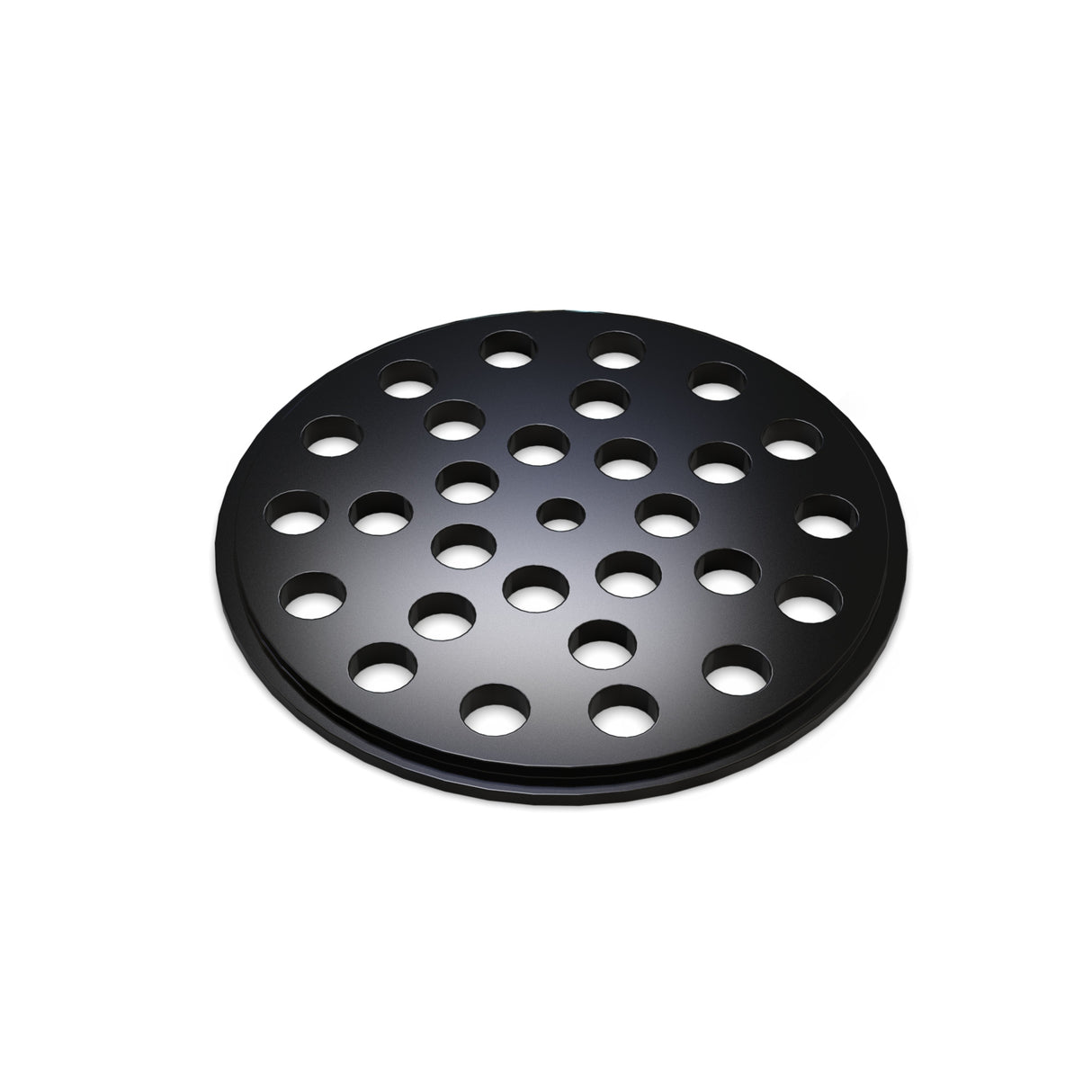 A black metal disk with multiple circular holes, shown on a white background—ideal for use with the Aluminum End Cap for Smokies70 Profile for Hexagon Heatsink.