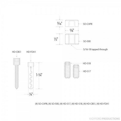 Technical diagram with dimensions and labeled parts for the Gyford 5/8D x 1/2L Through-hole Standoff Kit, showing screws and spacers with item codes SO-CAP8, SO-500, HD-CBS1, HD-FDA1, and HD-S18.