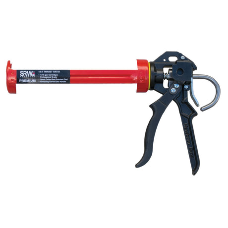 The SRW 18:1 Thrust Ratio Premium Caulking Gun features a heavy-duty steel body in red and black, a metal trigger handle, and an end hook, designed for professional performance when dispensing sealant or adhesive.