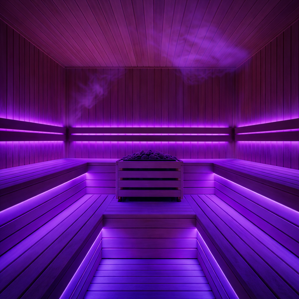 A modern wooden sauna features the Sauna Pro RGB Series RGB IP68 Waterproof LED Strip (24V) with purple lights, casting a relaxing glow as steam rises from hot stones in the central heater and benches line the warm, inviting space.