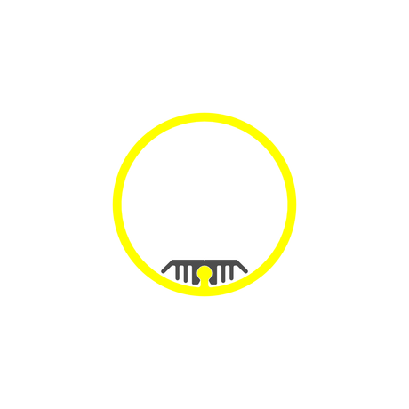 A 1.50" round acrylic LED tube (Model Sierra38) is shown as a yellow circle with a small black and yellow keyhole shape and stylized bridge-like lines at the bottom center, set against a white background.