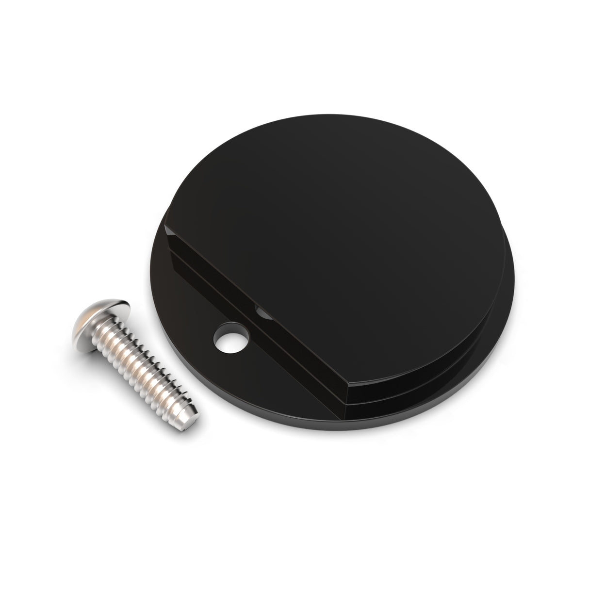 A Plastic End Cap for Sierra38 Profile, black and round with a groove and small hole near the edge, is pictured next to a silver screw on a white background.