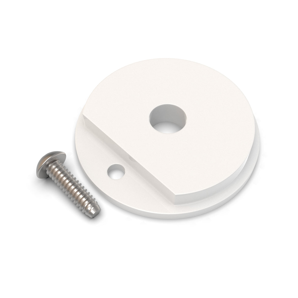 A silver screw beside a round, white Plastic End Cap for Sierra38 Profile, featuring a large central hole, a smaller offset hole, and one flat-edged side.