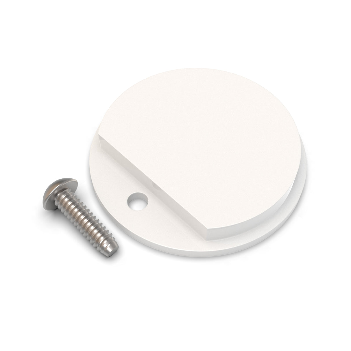 The Plastic End Cap for Sierra38 Profile is a flat, round white cap with a small cut-out and hole, shown beside a metallic screw—perfect for sealing the end of your diffuser tube or Sierra38 Profile installation.