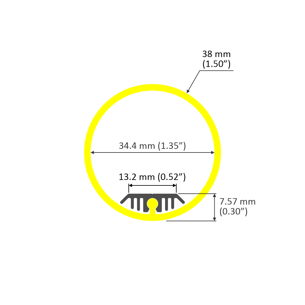 The 1.50" Round Acrylic LED Tube (Model Sierra38) features a yellow-outlined circle: 38 mm (1.50") diameter, 34.4 mm (1.35") inner width, 13.2 mm (0.52") inner height, and a base thickness of 7.57 mm (0.30").