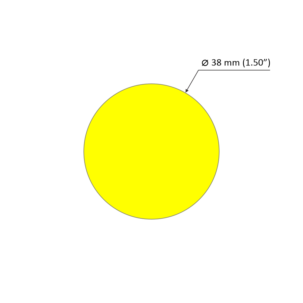 A bright yellow 38 mm (1.50") circle, centered on white with a labeled arrow, ideal for illustrating the 1.5" White Surface-mount LED Tube Lighting Fixture (24V) ~ Sierra38 Series and its plug-and-play details.