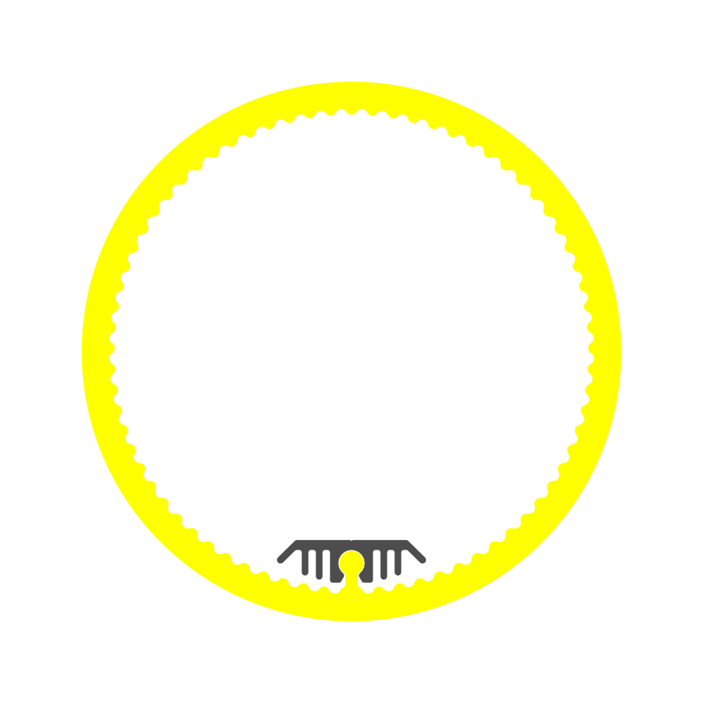 The 2.56" Round Silicone Rubber LED Lighting Tube (Model Sierra65 Flex) features a bright yellow zigzag-edged circle with a white center, plus a small black-and-gray comb-like detail at the bottom resembling teeth.