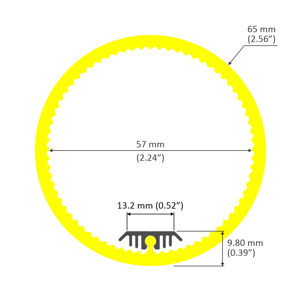 The Sierra65 Flex is a 2.56" round yellow silicone rubber tube with gear-like inner teeth, perfect as an LED lighting or flexible diffuser tube. Dimensions: OD 65 mm, ID 57 mm, slot width 13.2 mm, slot height 9.8 mm.
