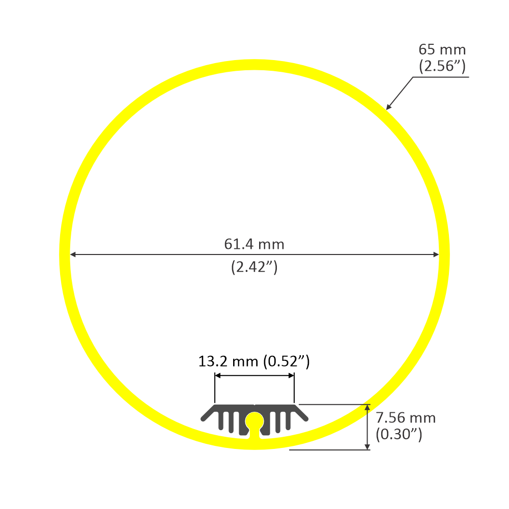 The 2.56" Round Acrylic LED Lighting Tube (Model Sierra65) features a yellow circle with a gray base; the outer diameter is 65 mm, inner diameter is 61.4 mm, and the gray base measures 13.2 mm wide by 7.56 mm tall.