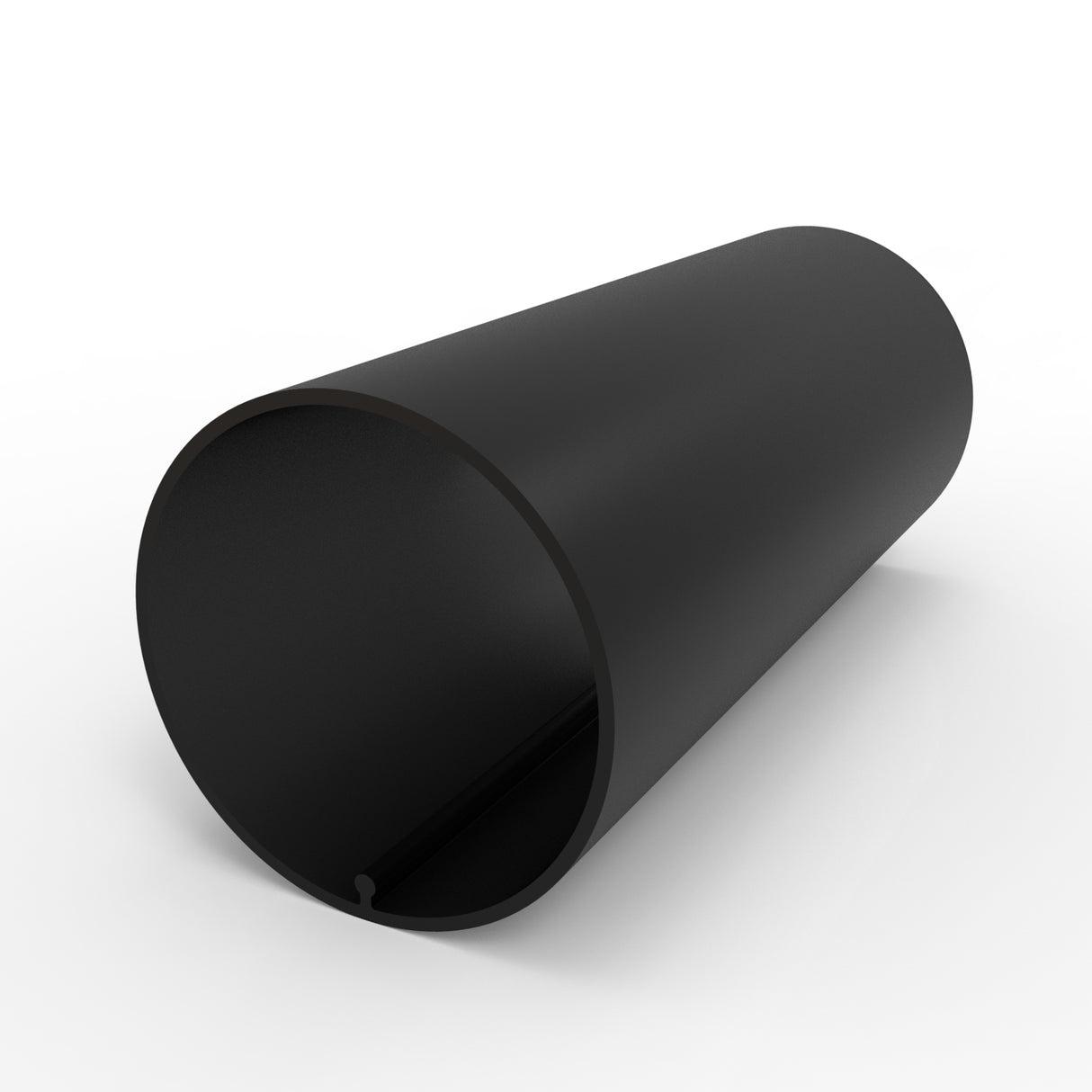 The 2.56" Round Acrylic LED Lighting Tube ~ Model Sierra65 is shown in black with a smooth, matte finish, lying at an angle on a white surface. Its cylindrical shape and open, hollow end face the viewer.