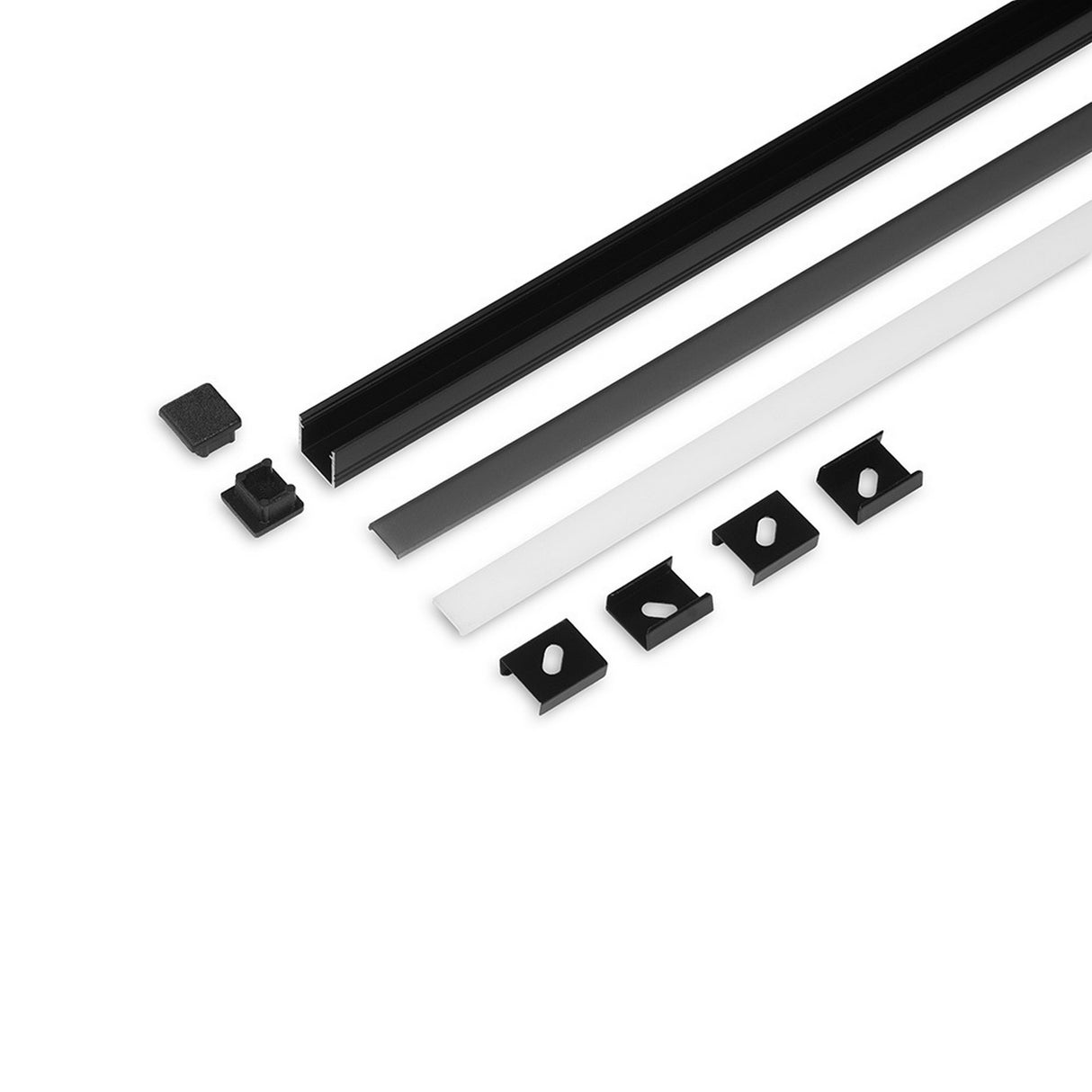 The Miniature Surface Mount LED Channel Model Smart10 includes sleek black and white aluminum profiles with matching end caps and mounting brackets, ideal for stylish interior lighting, all neatly displayed on a white background.