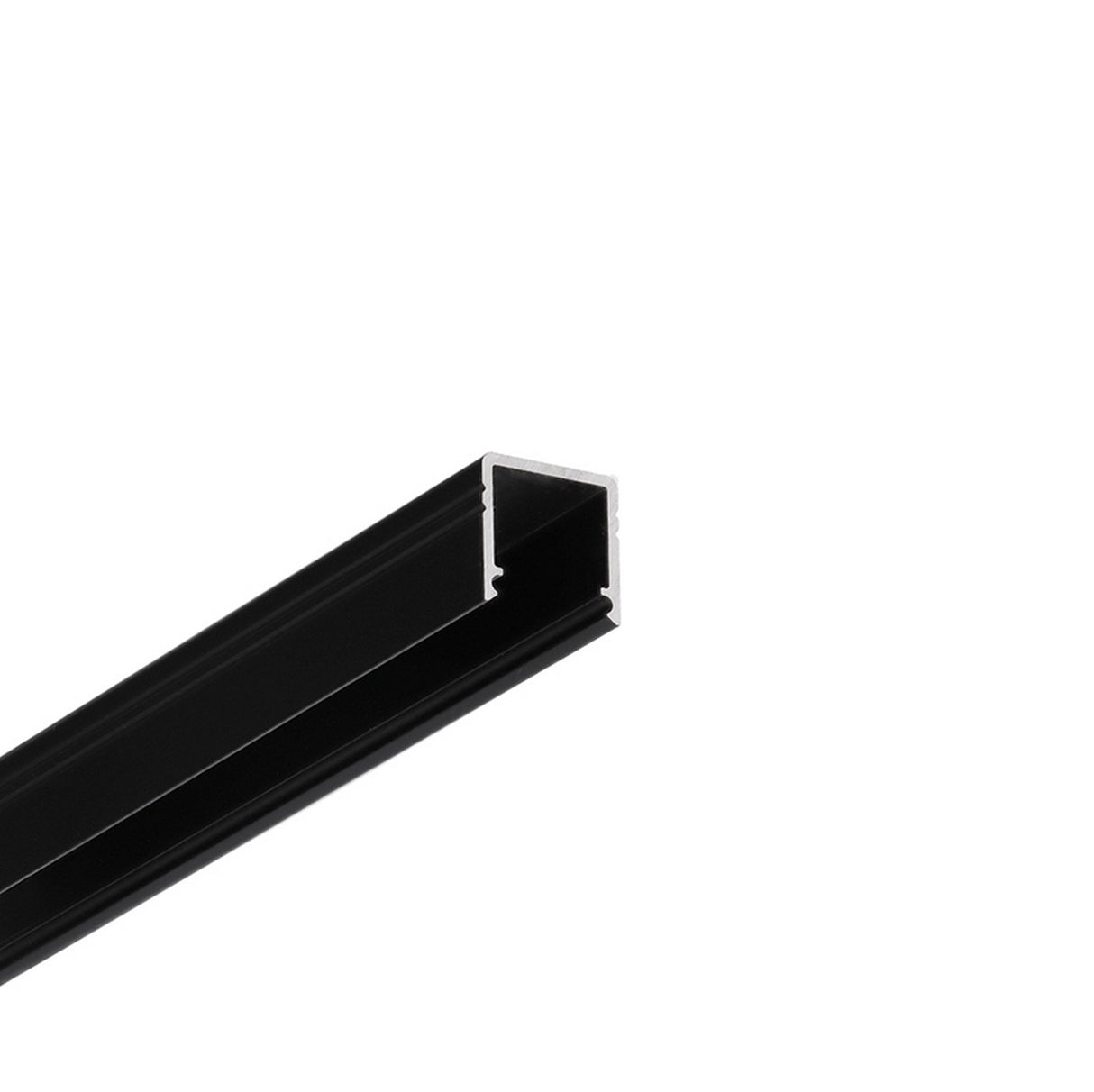 The Smart10 Miniature Surface Mount LED Channel is a black, rectangular aluminum profile with a smooth finish and open face, ideal for modern interior lighting applications. Clean, straight edges provide a sleek look for any space.