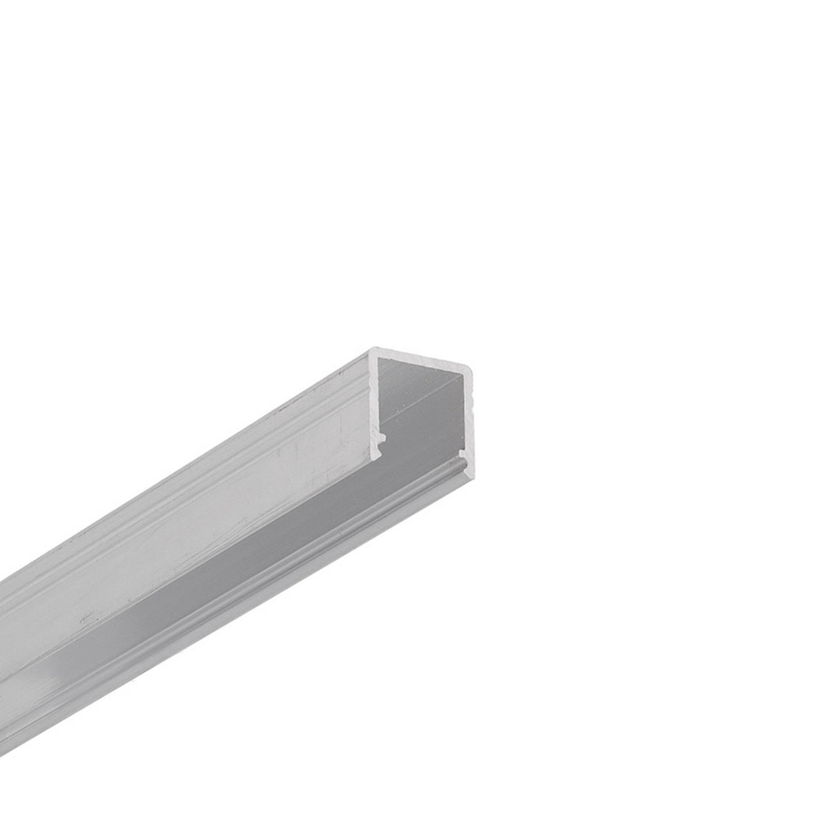 The Miniature Surface Mount LED Channel ~ Model Smart10 is a long, silver, rectangular aluminum profile with a hollow center, perfect for interior lighting or as an LED channel, displayed on a white background.