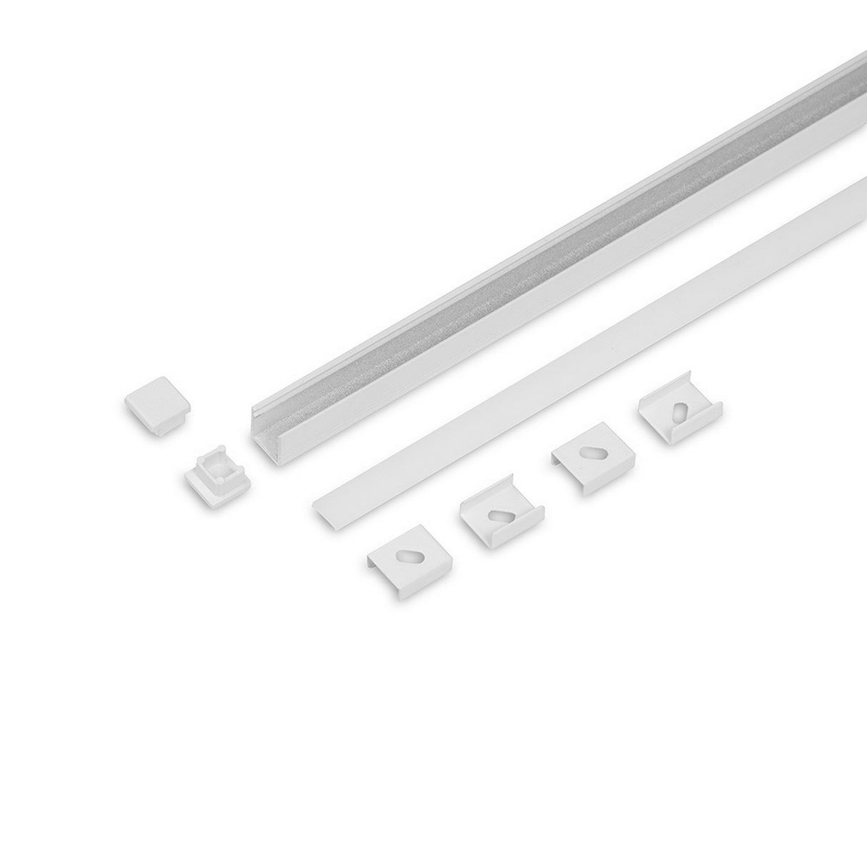 The Miniature Surface Mount LED Channel ~ Model Smart10 kit is shown on a white background, with its long LED channel, frosted cover, end caps, and mounting clips neatly arranged in a row.